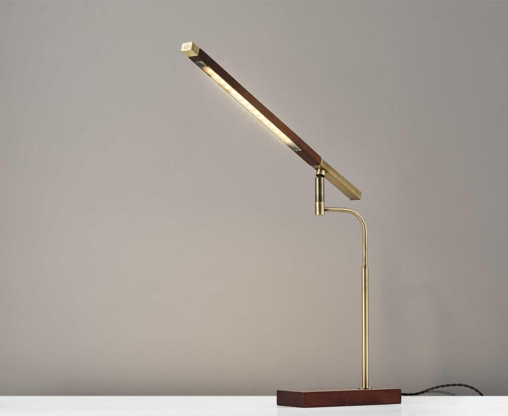 Walnut Wood Finish And Antique Brass Metal Adjustable Led Desk Lamp With Usb Port close-up detail
