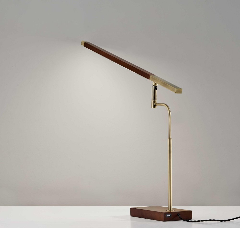 Walnut Wood Finish And Antique Brass Metal Adjustable Led Desk Lamp With Usb Port on a white background