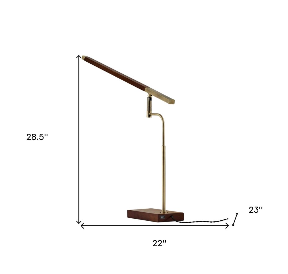 Walnut Wood Finish And Antique Brass Metal Adjustable Led Desk Lamp With Usb Port on a white background