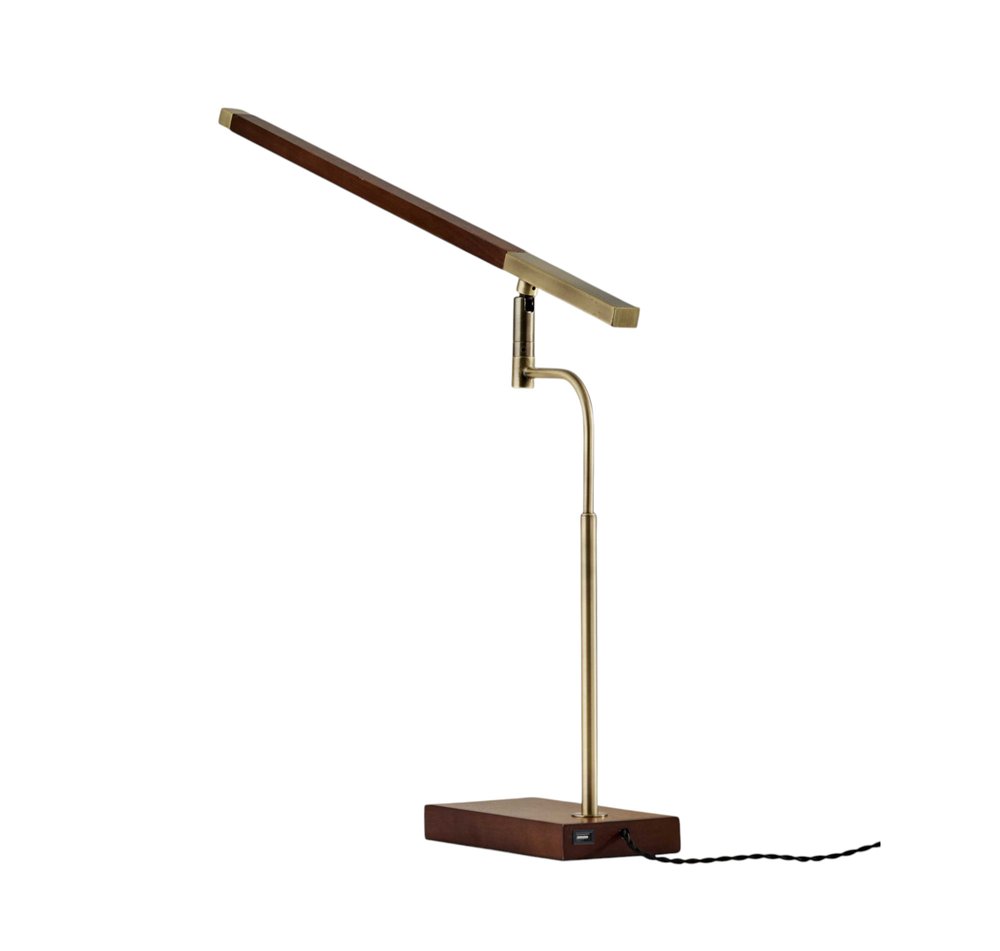 Walnut Wood Finish And Antique Brass Metal Adjustable Led Desk Lamp With Usb Port on a white background