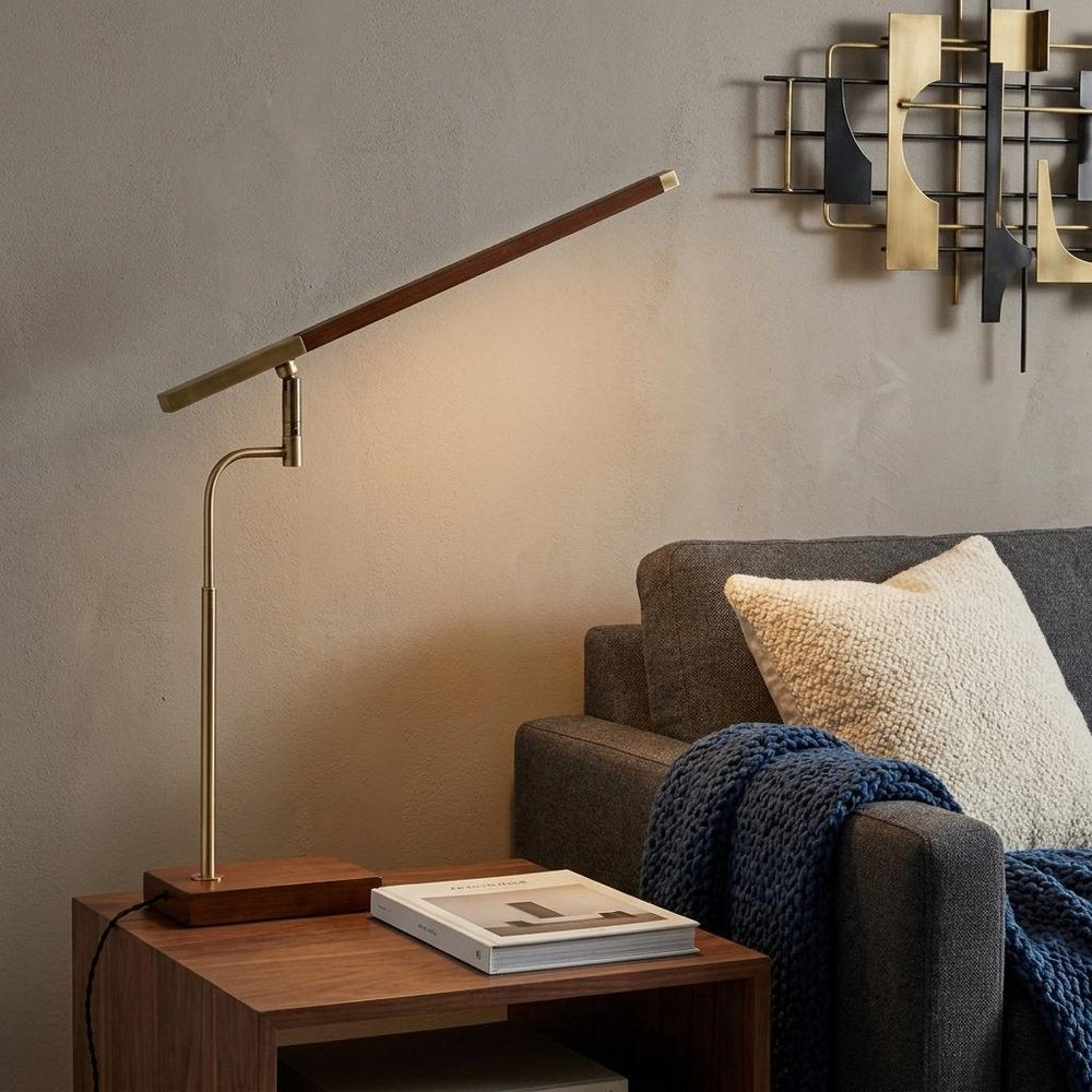 Walnut Wood Finish And Antique Brass Metal Adjustable Led Desk Lamp With Usb Port in a home interior