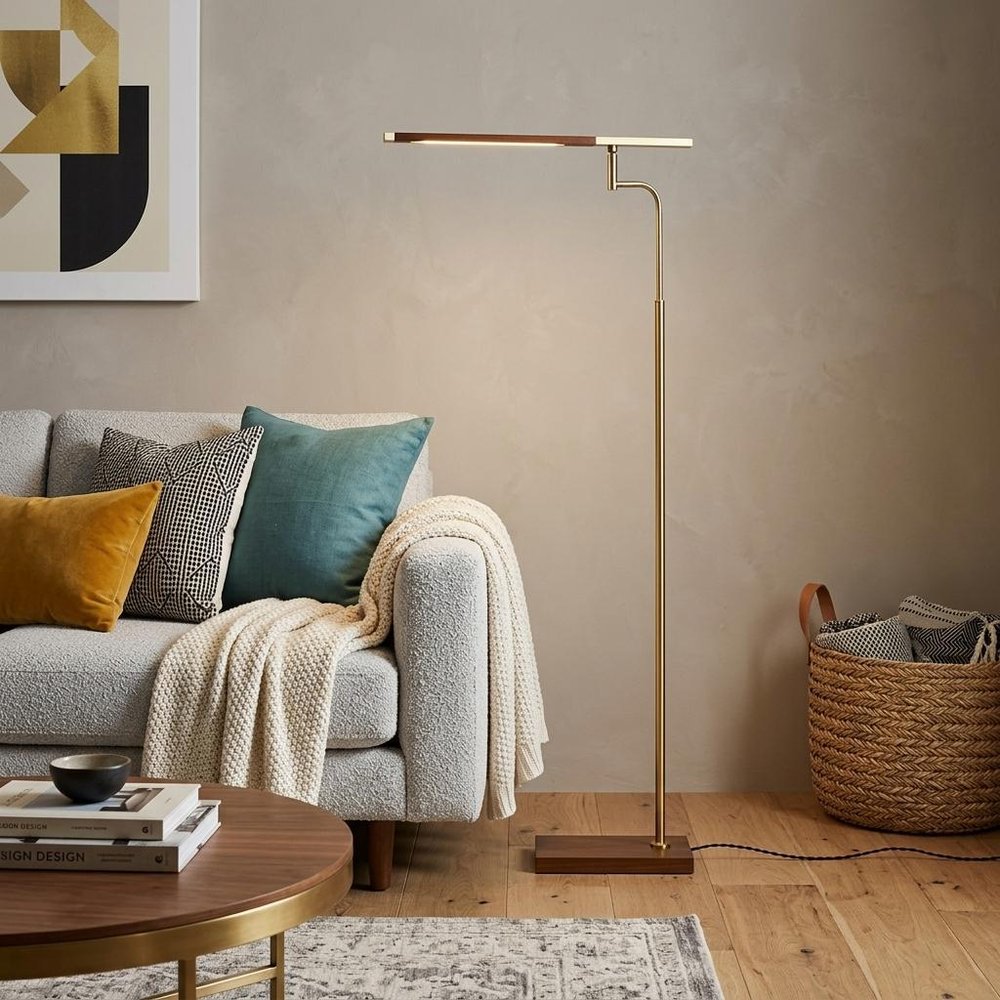 63" Brown LED Task Floor Lamp With Brass