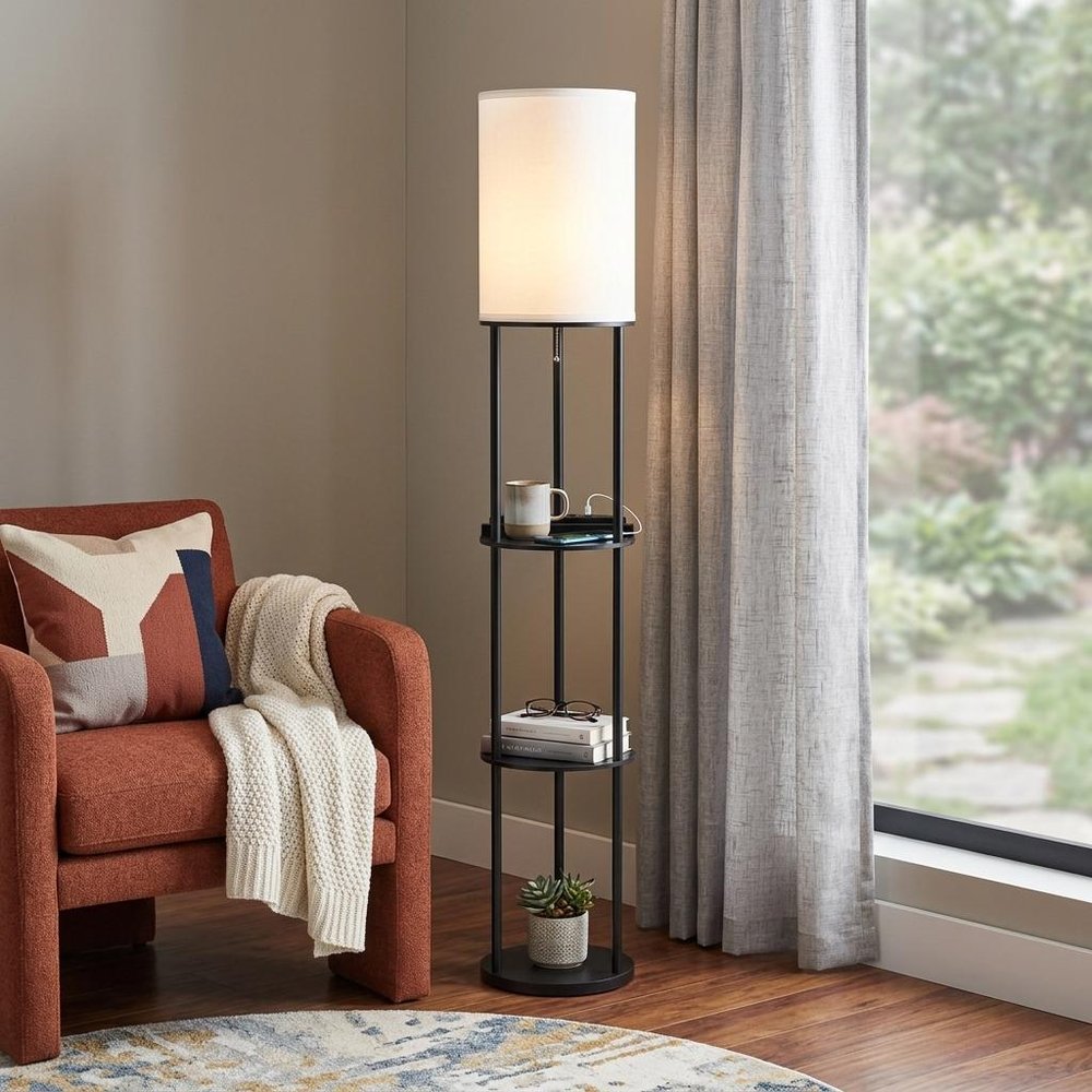 67" Black Metal Column Floor Lamp With White Linen Shade