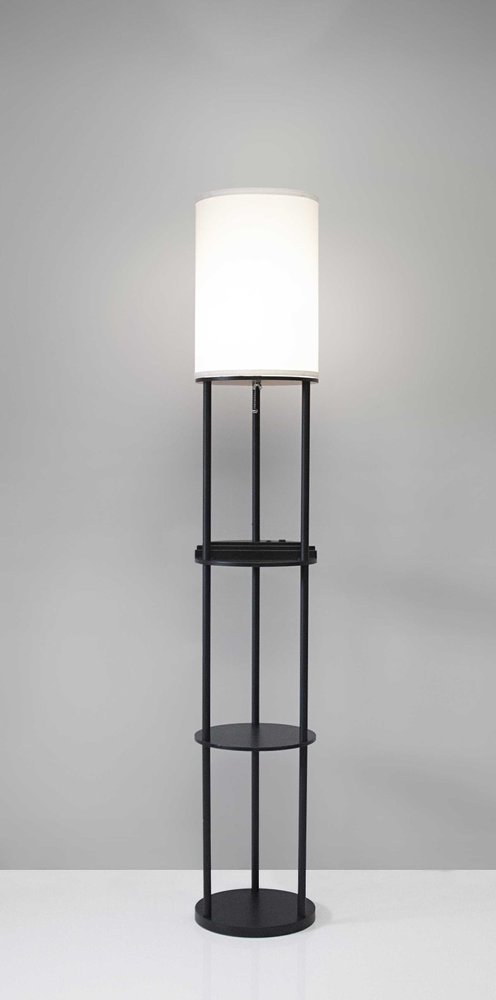 67" Black Metal Column Floor Lamp With White Linen Shade