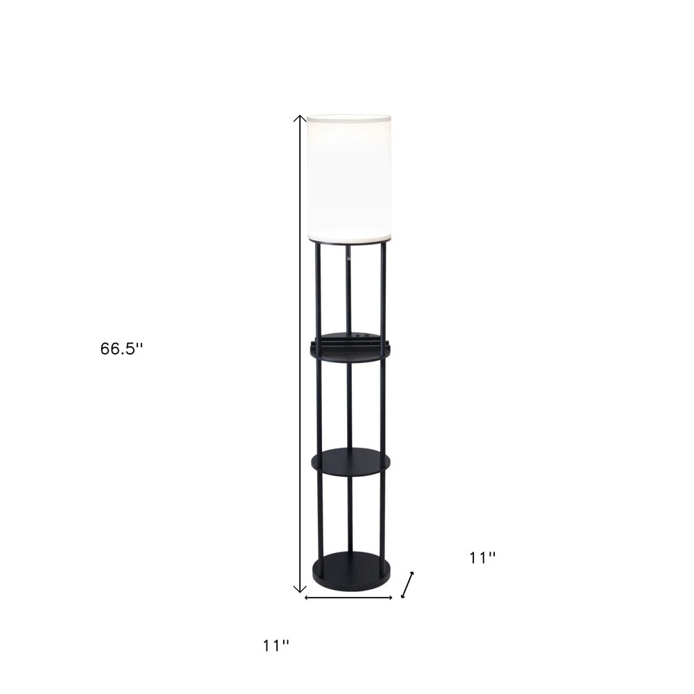 67" Black Metal Column Floor Lamp With White Linen Shade