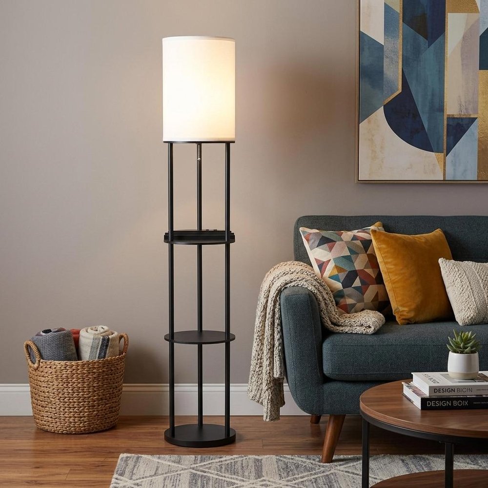 67" Black Metal Column Floor Lamp With White Linen Shade
