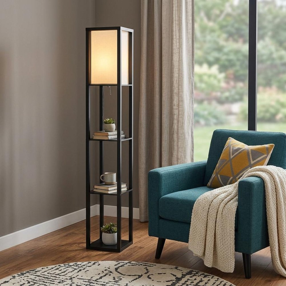 72" Black And White Solid Wood Column With White Cotton Shade
