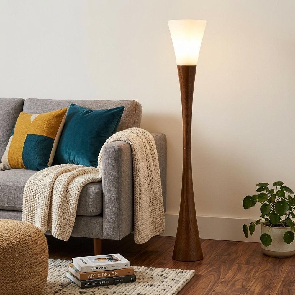 68" Brown And White Solid Wood Novelty Floor Lamp With White Acrylic Cone Shade