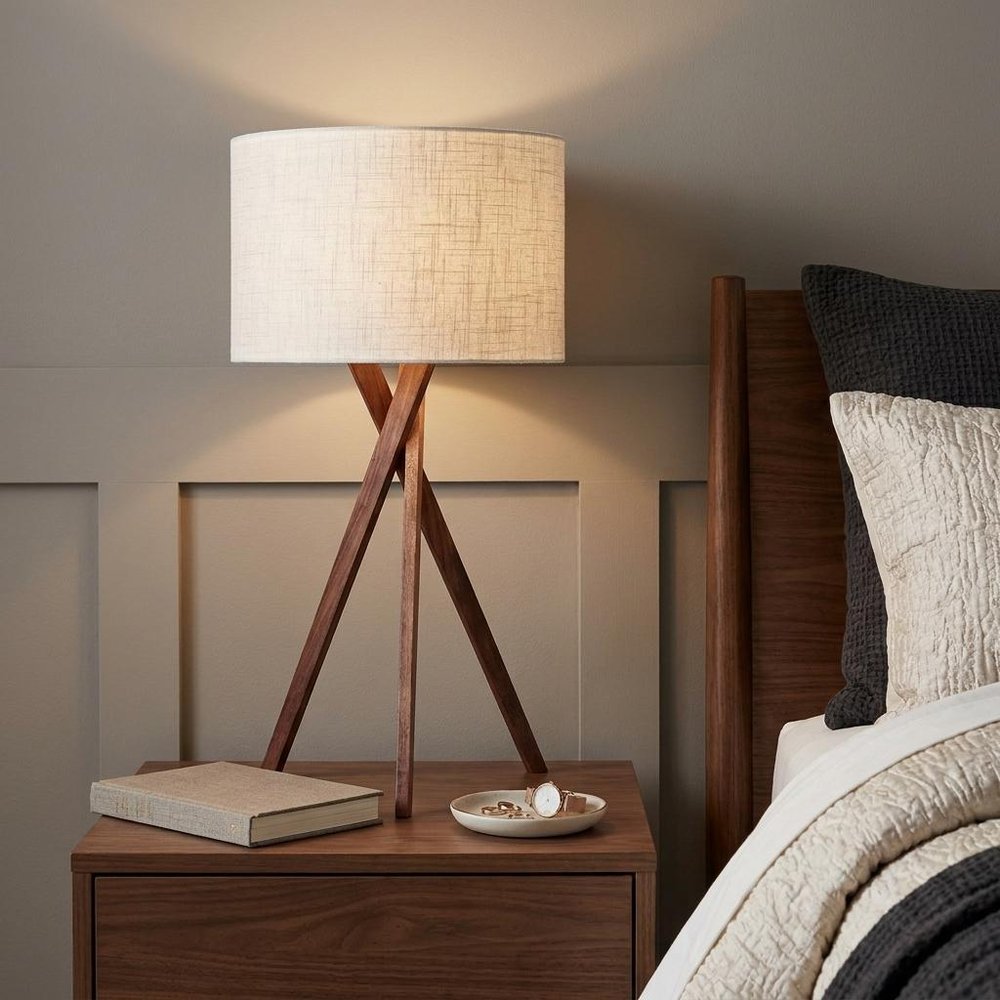 Tripod Leg Walnut Wood Table Lamp in a home interior