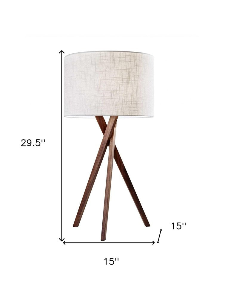 Tripod Leg Walnut Wood Table Lamp on a white background