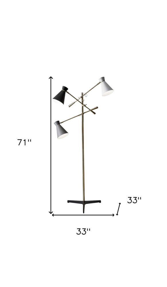 71" Brass Metal Novelty Floor Lamp With Black And White Iron Cone Shade