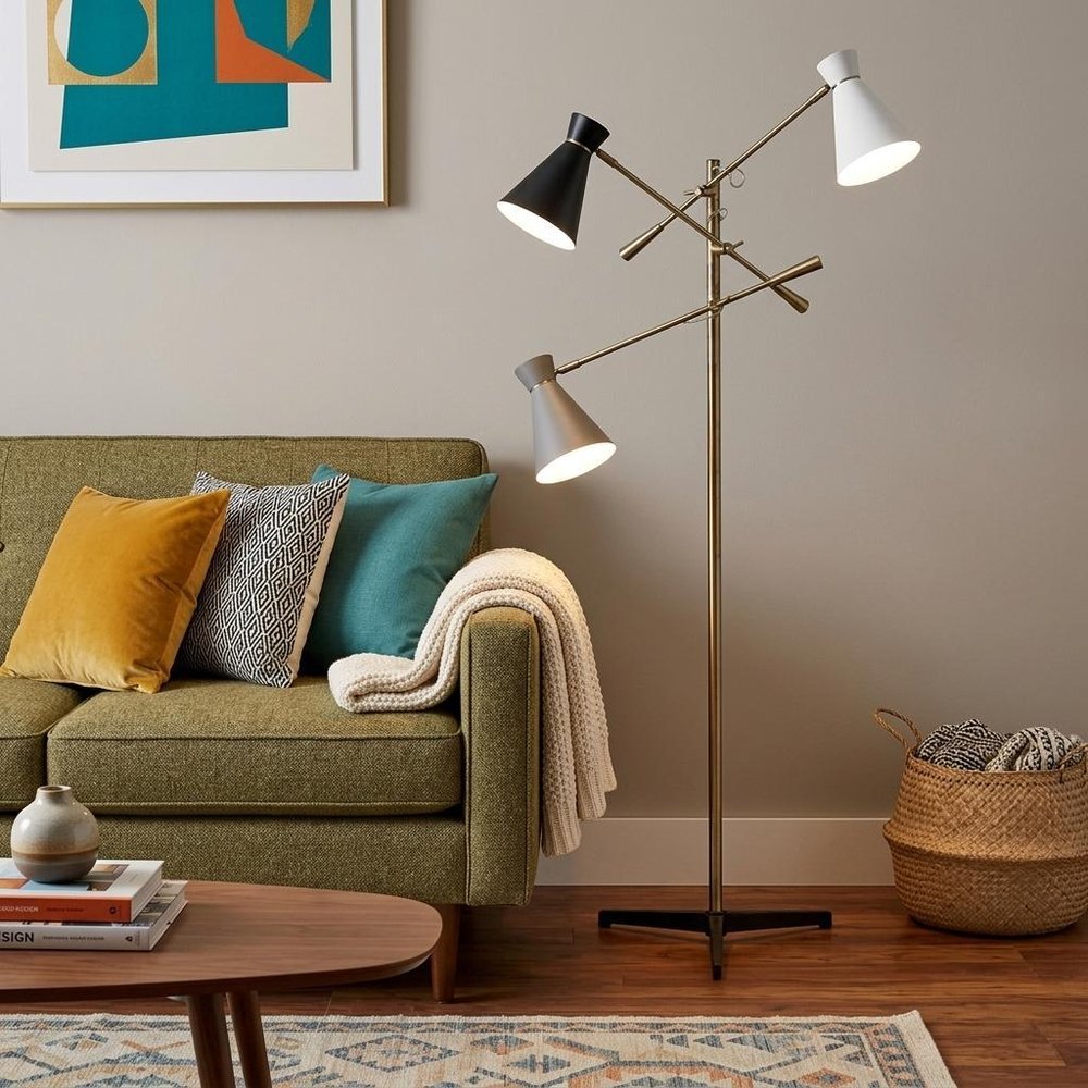 71" Brass Metal Novelty Floor Lamp With Black And White Iron Cone Shade