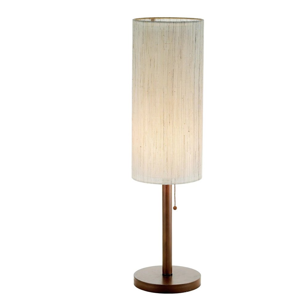 31" Walnut Solid Wood Standard Table Lamp With Beige Shade. Table lamp isolated on a plain white background, in a beige wood finish.