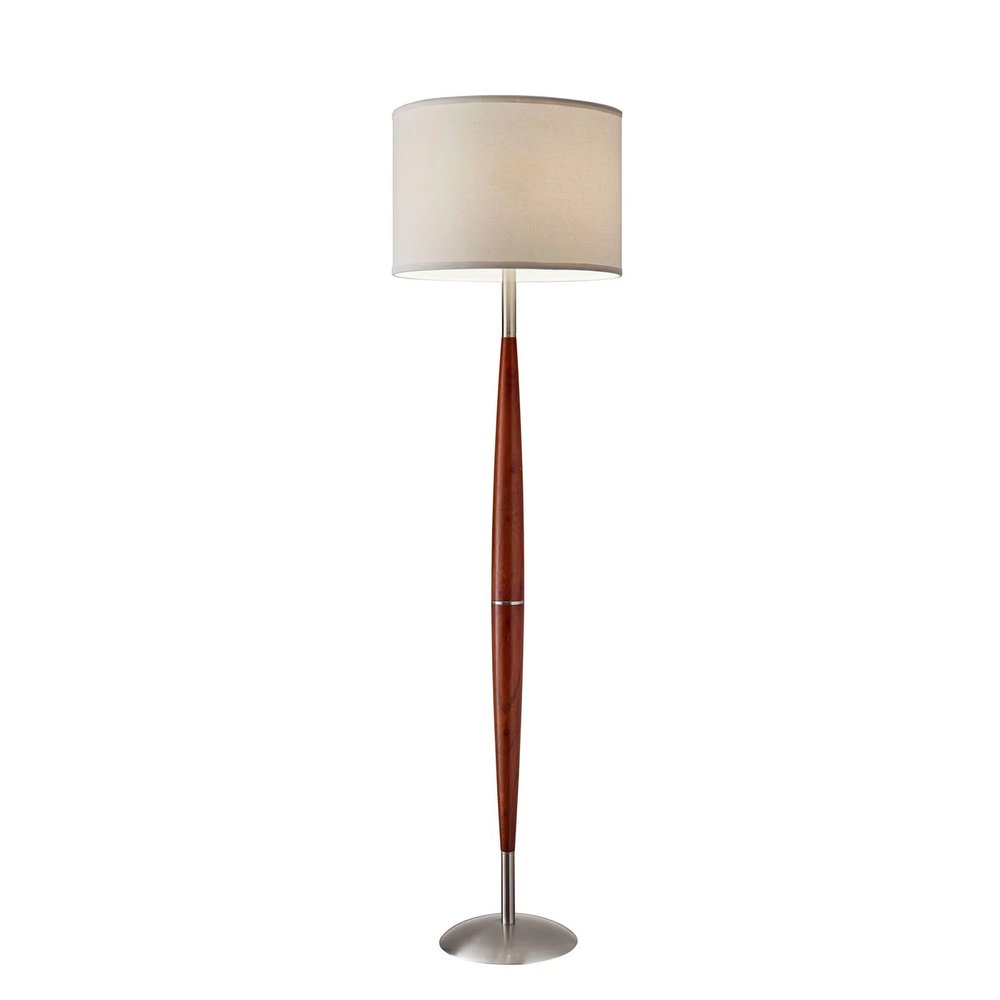 Brown And White Solid Wood Floor Lamp With White Fabric Drum Shade