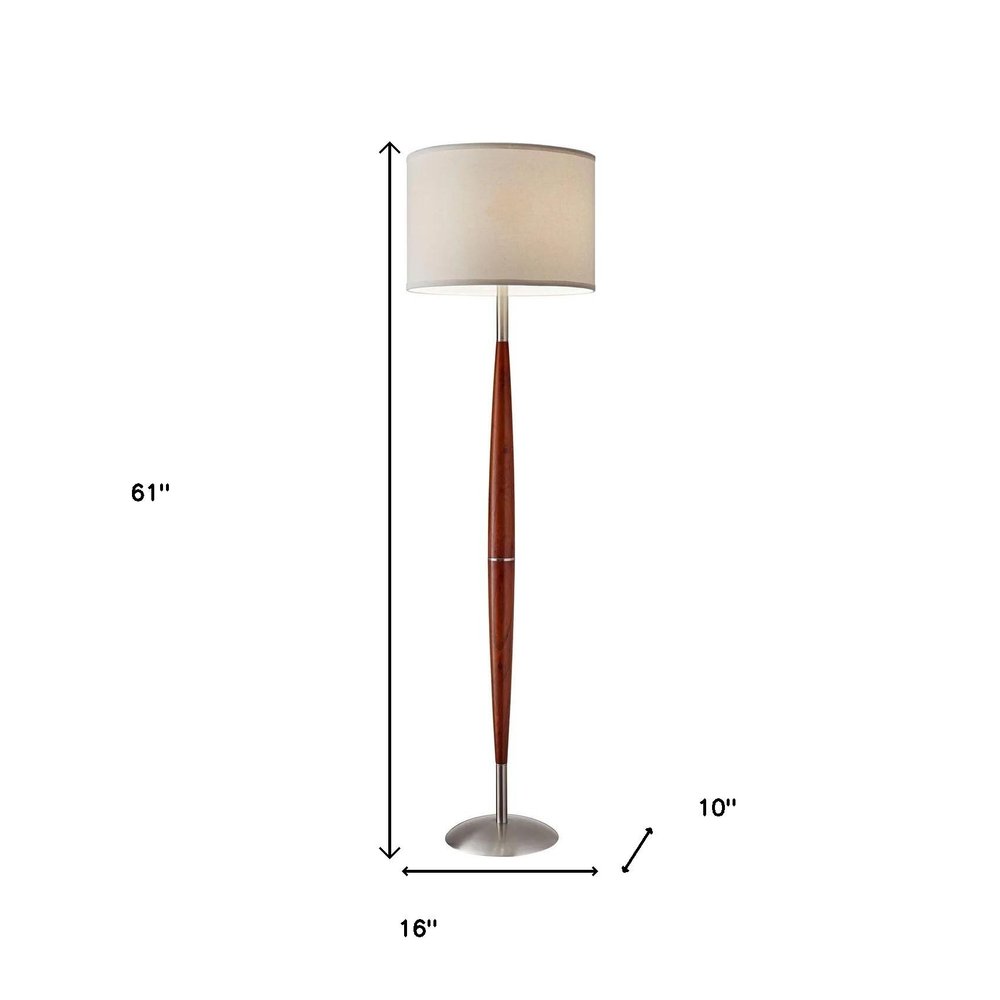 Brown And White Solid Wood Floor Lamp With White Fabric Drum Shade