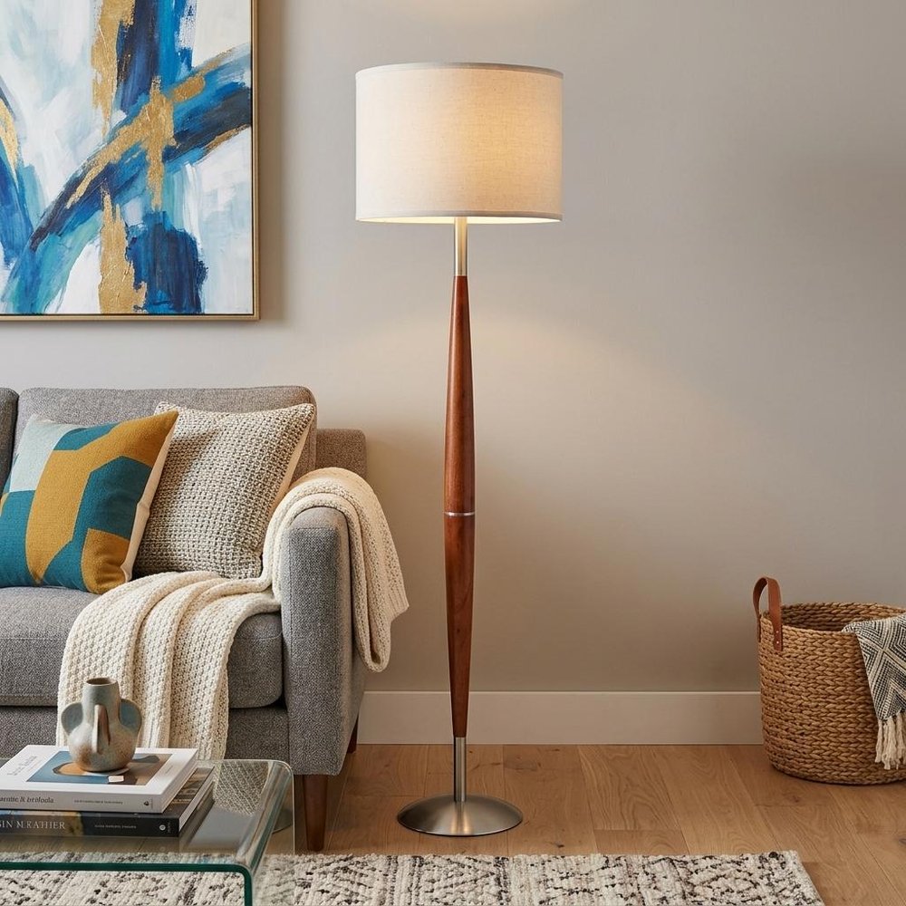 Brown And White Solid Wood Floor Lamp With White Fabric Drum Shade