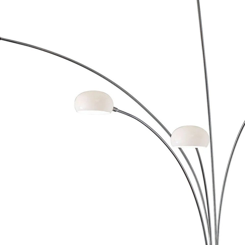 86" Steel Five Light Tree Floor Lamp With White Glass Dome Shade on a white background