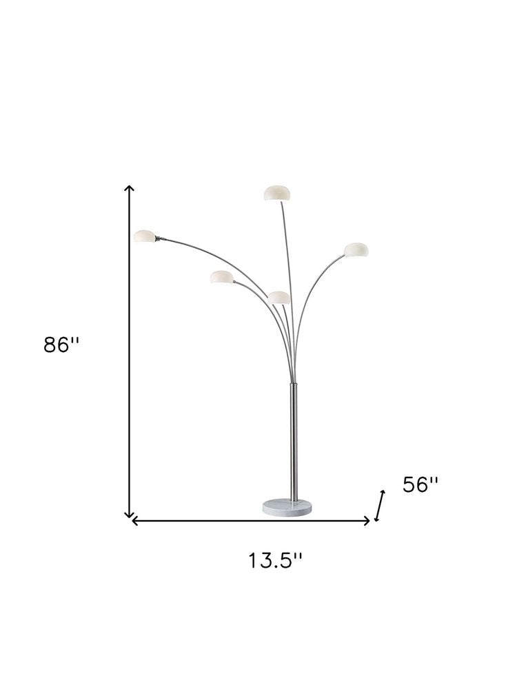 86" Steel Five Light Tree Floor Lamp With White Glass Dome Shade on a white background