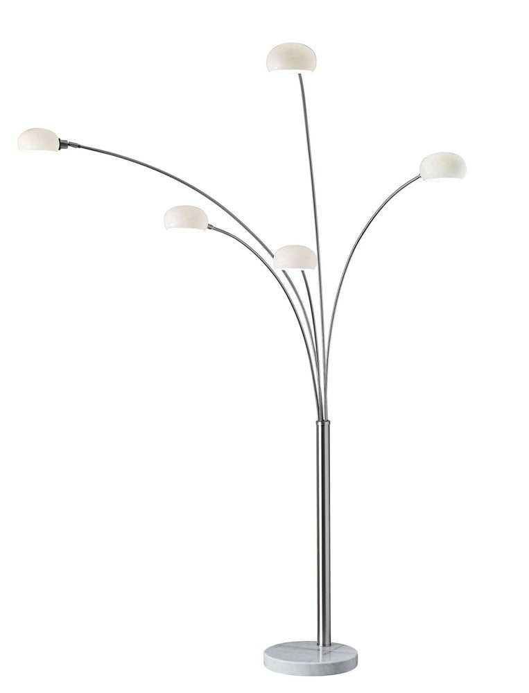 86" Steel Five Light Tree Floor Lamp With White Glass Dome Shade on a white background