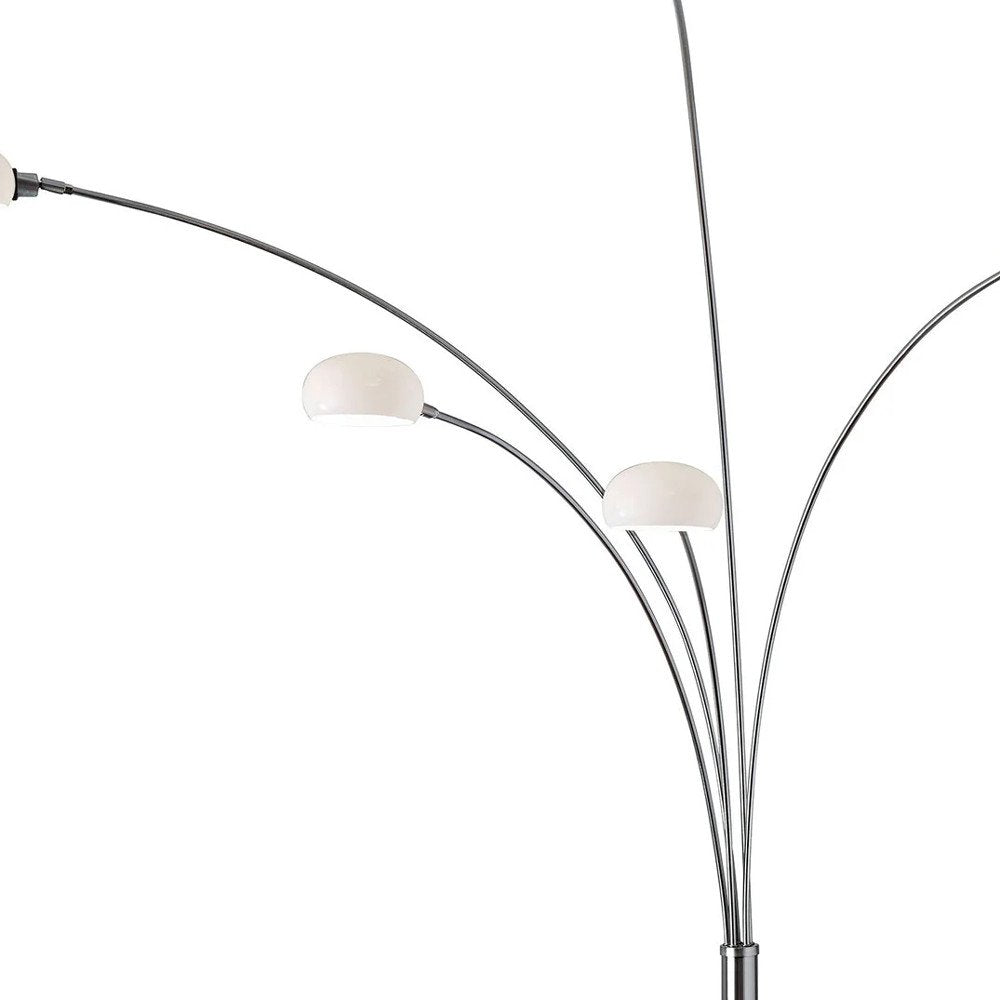 86" Steel Five Light Tree Floor Lamp With White Glass Dome Shade on a white background