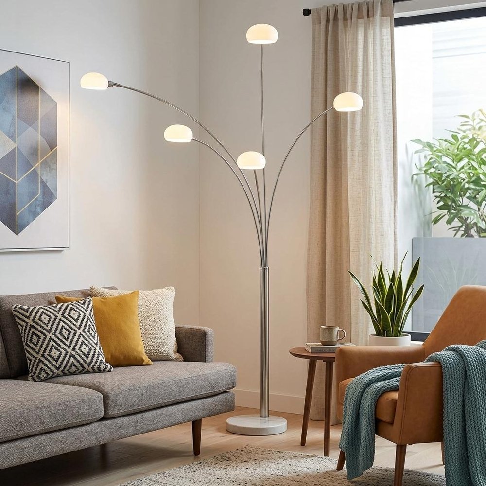 86" Steel Five Light Tree Floor Lamp With White Glass Dome Shade