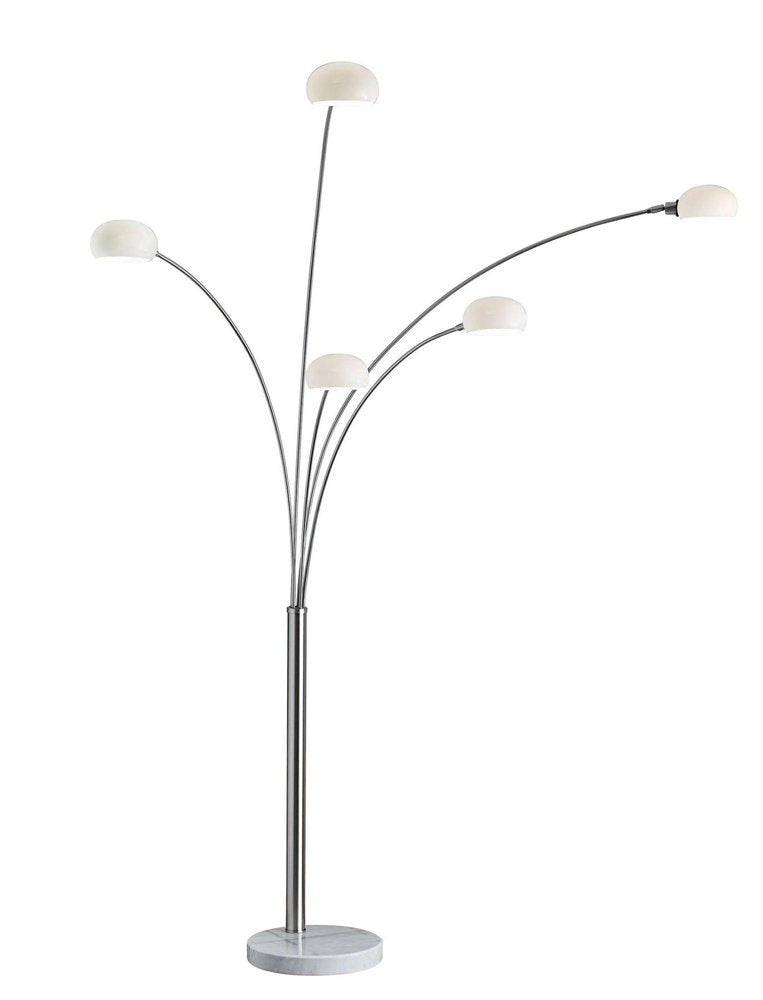 86" Steel Five Light Tree Floor Lamp With White Glass Dome Shade on a white background