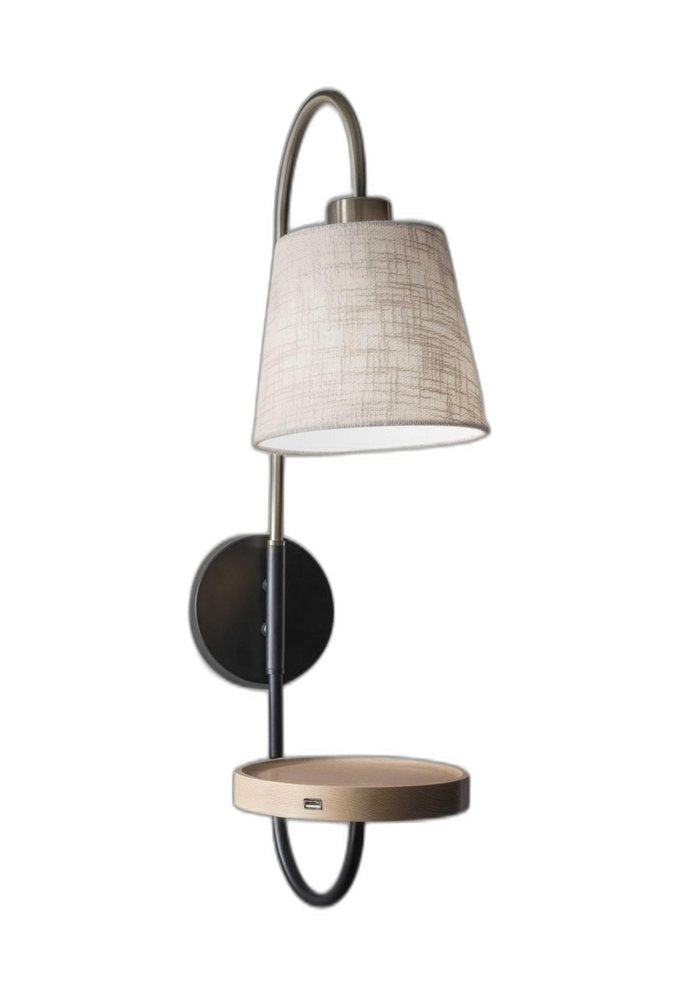 Antique Brass And Black Metal USB Charging Station Wall Lamp With Wood Shelf