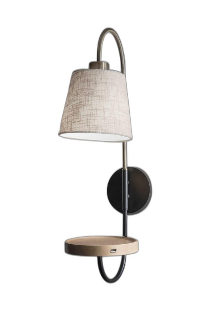 Antique Brass And Black Metal USB Charging Station Wall Lamp With Wood Shelf on a white background