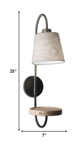 Antique Brass And Black Metal USB Charging Station Wall Lamp With Wood Shelf