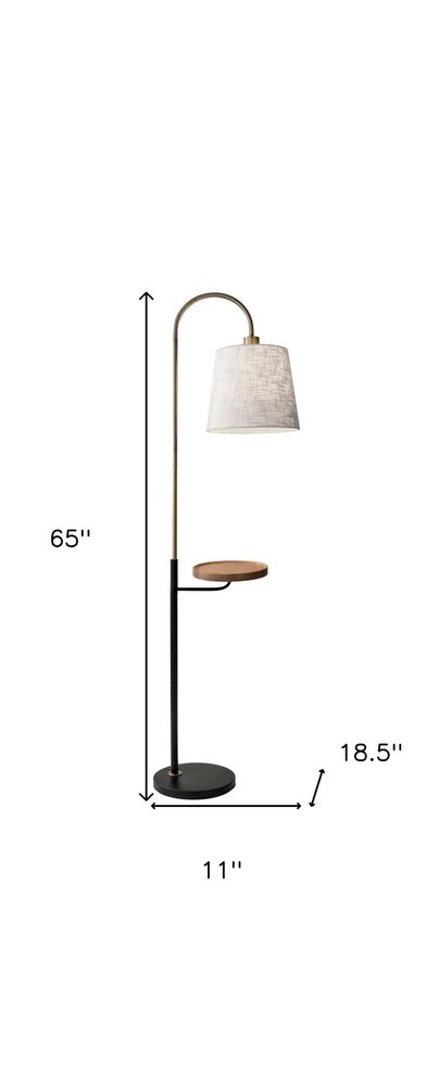 65" Black And Brass Tray Table USB Floor Lamp With Wood Shelf
