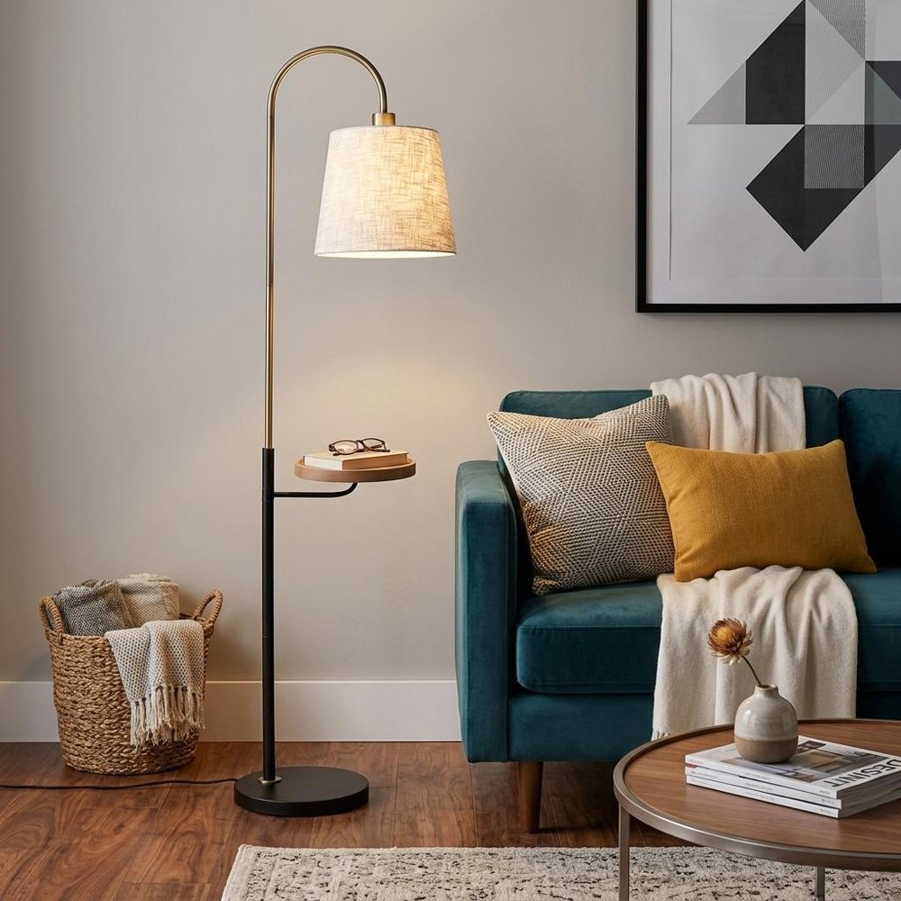 65" Black And Brass Tray Table USB Floor Lamp With Wood Shelf