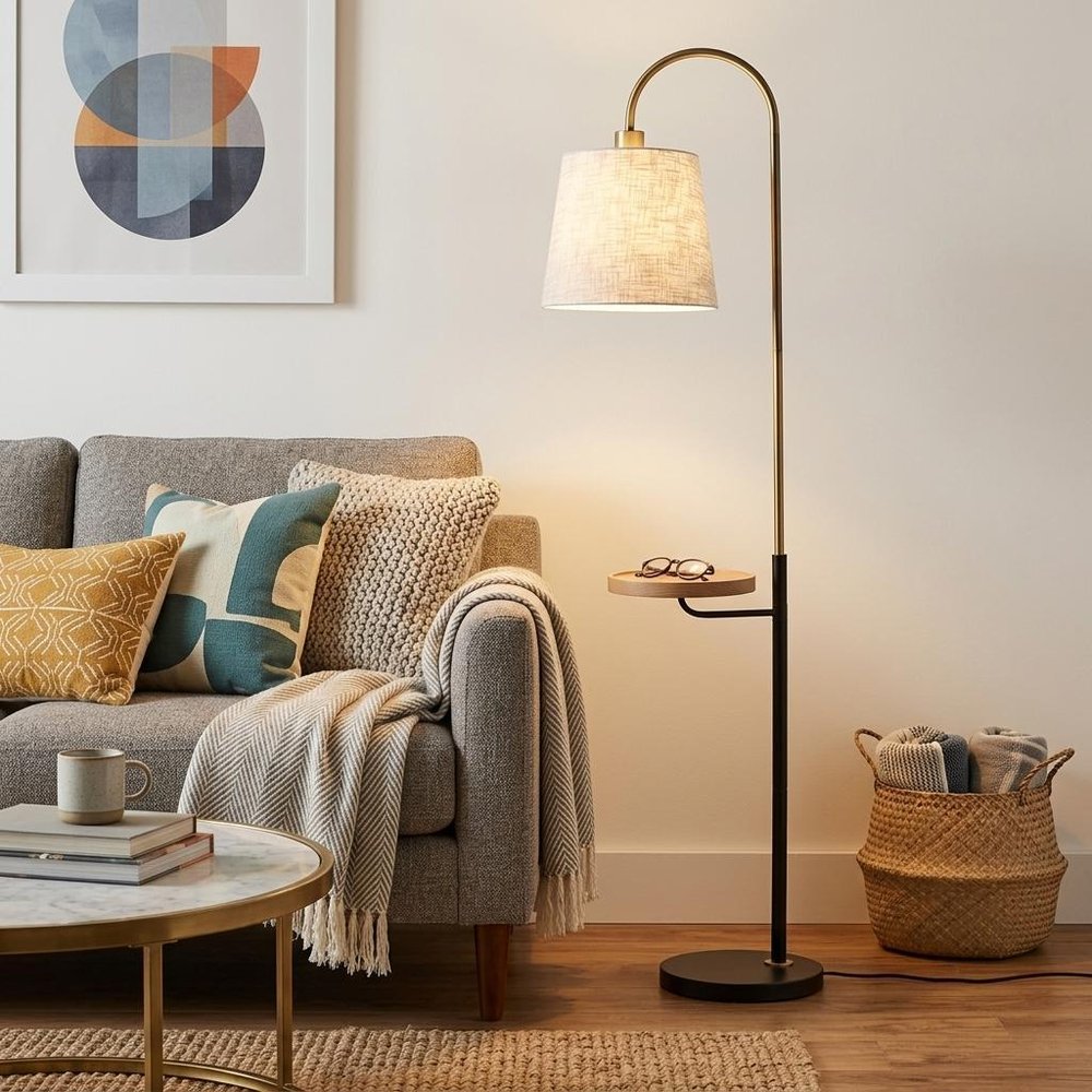 65" Black And Brass Tray Table USB Floor Lamp With Wood Shelf