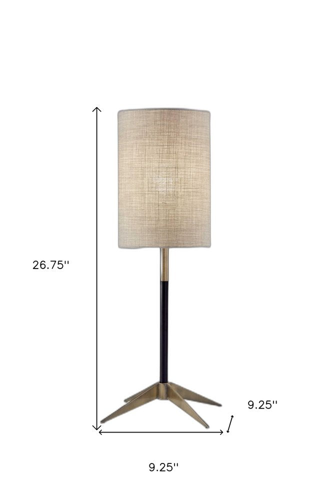 27" Antiqued Brass Metal Table Lamp With Brown Drum Shade. Table lamp isolated on a plain white background, showing a brown metal surface.