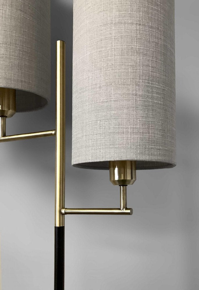 Brass Metal Two Light Novelty Floor Lamp With White Fabric Drum Shade