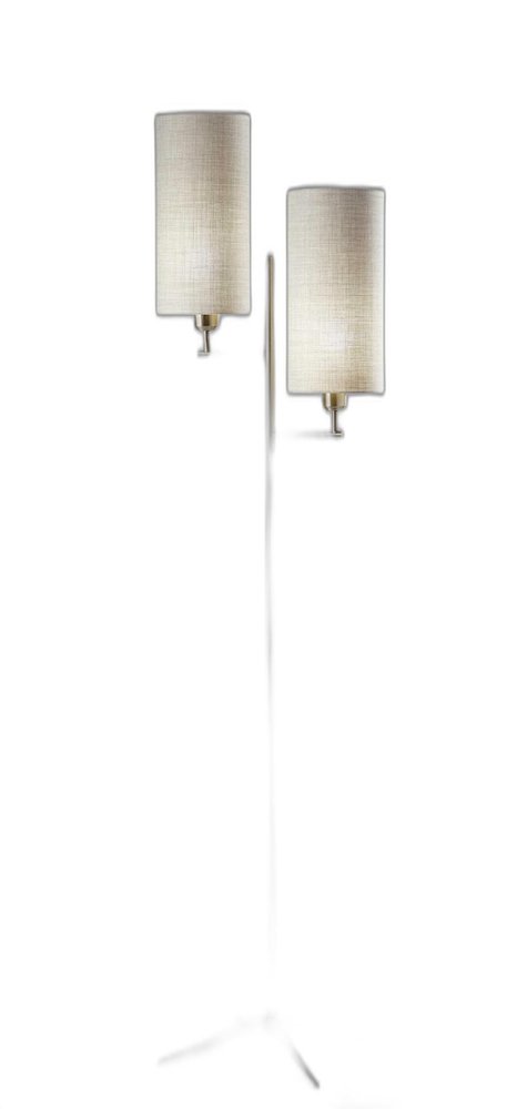Brass Metal Two Light Novelty Floor Lamp With White Fabric Drum Shade
