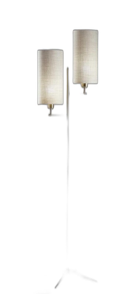 Brass Metal Two Light Novelty Floor Lamp With White Fabric Drum Shade