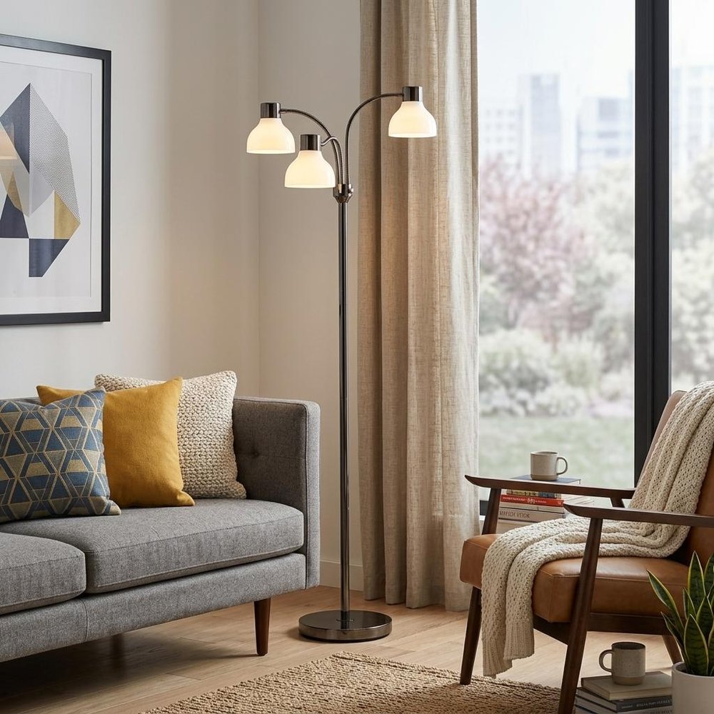 69" Black And White Metal Three Light Tree Floor Lamp With White Bowl Shade
