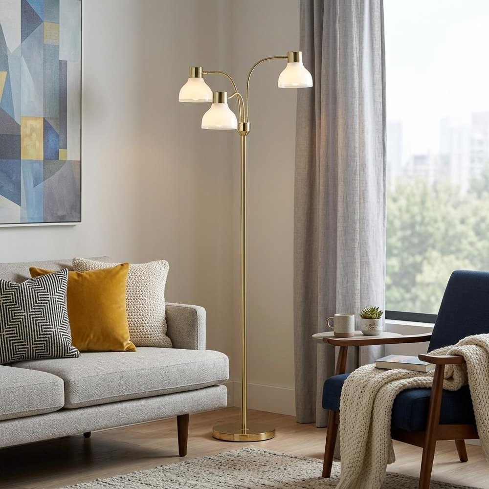 69" Gold Three Light Tree Floor Lamp With Clear Plastic Bowl Shade
