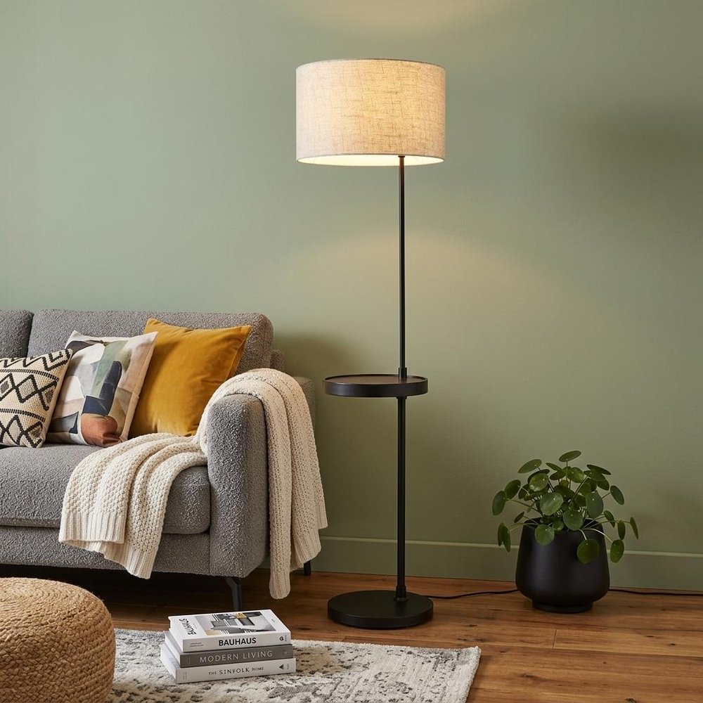 64" Beige And Black Tray Table Floor Lamp With Beige Fabric Drum Shade