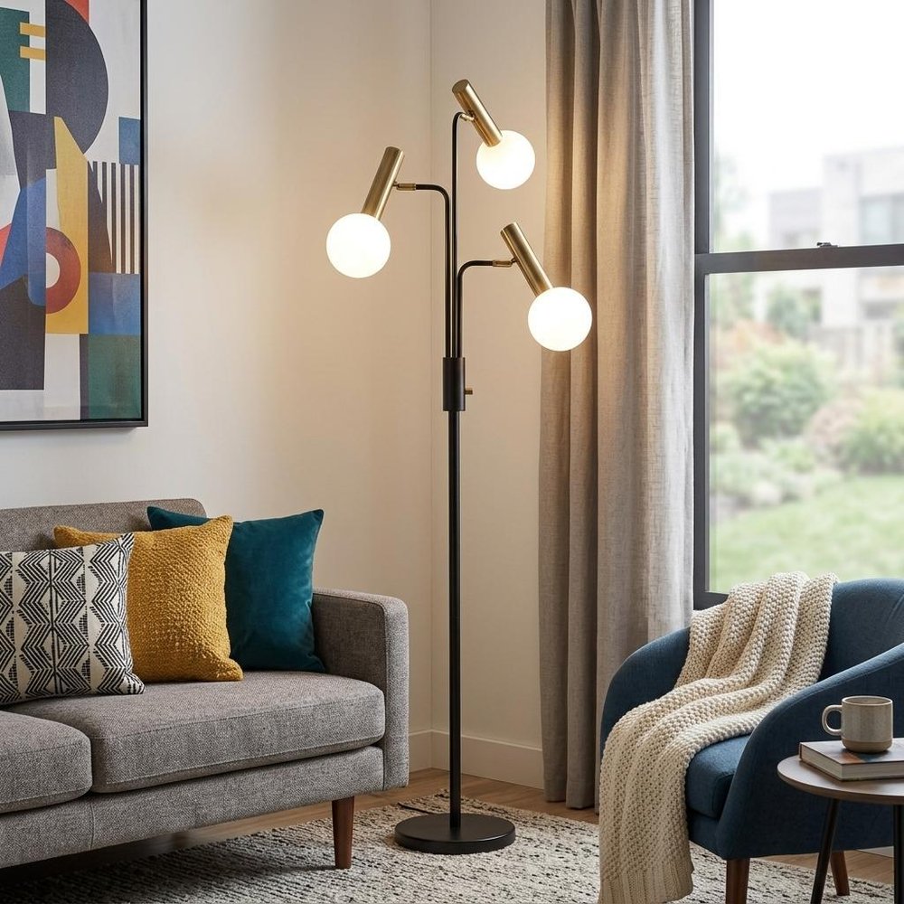70" Black And Bronze Three Light LED Tree Floor Lamp With White