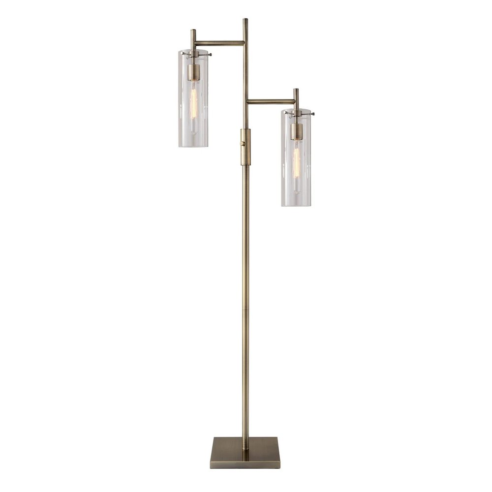 Brass Metal Two Light Novelty Floor Lamp With Clear Glass Drum Shade