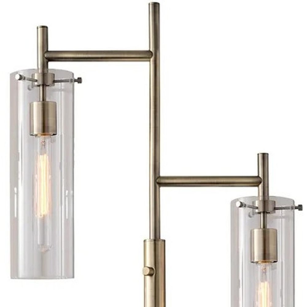 Brass Metal Two Light Novelty Floor Lamp With Clear Glass Drum Shade