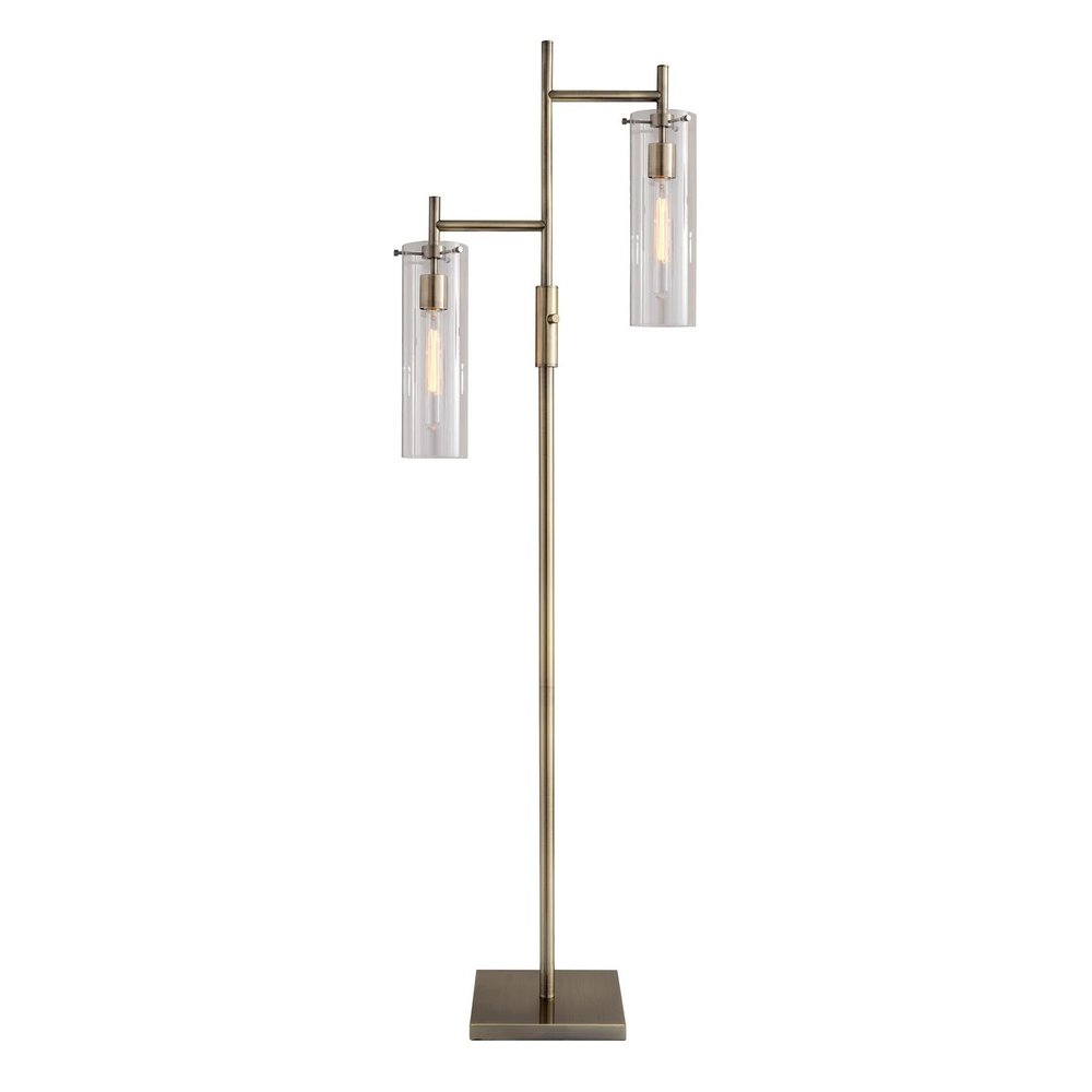 Brass Metal Two Light Novelty Floor Lamp With Clear Glass Drum Shade