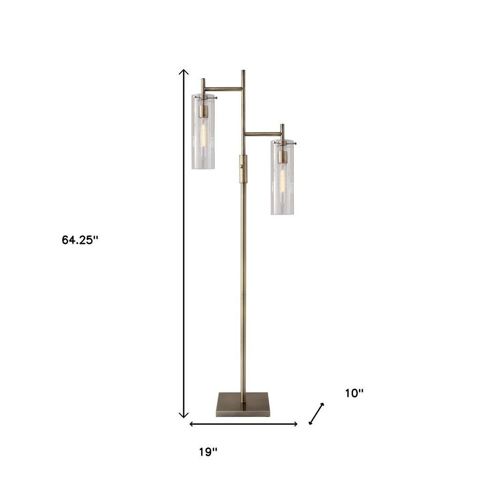 Brass Metal Two Light Novelty Floor Lamp With Clear Glass Drum Shade
