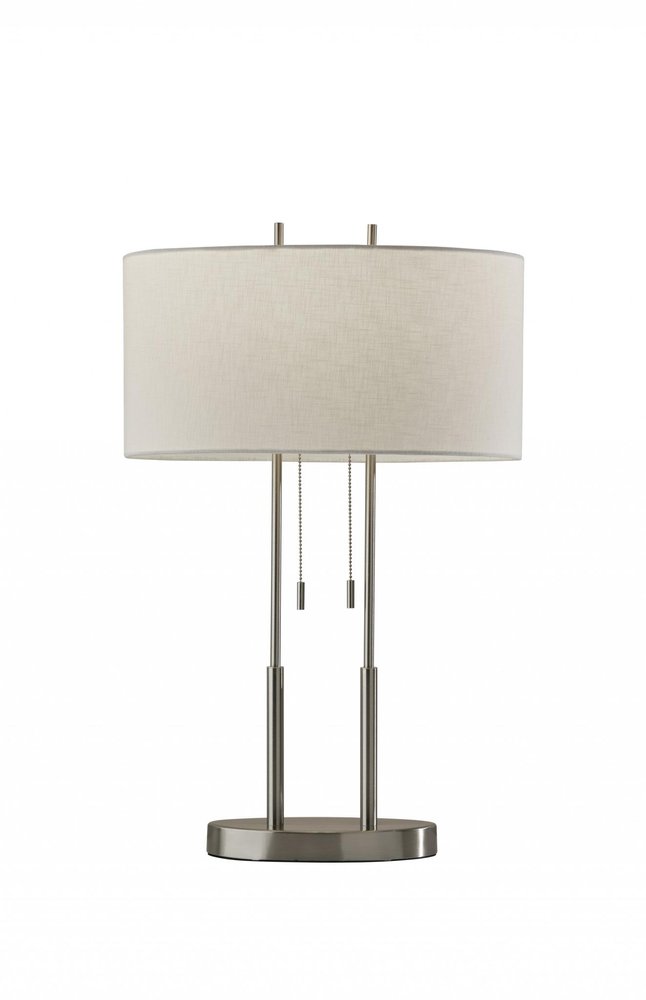 27" Silver Metal Two Light Bedside Lamp With Off White Drum Shade. Lamp isolated on a plain white background, showing a off-white metal surface.