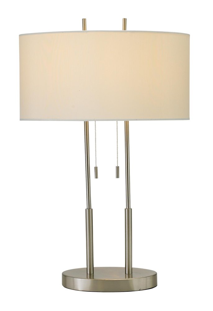 27" Silver Metal Two Light Bedside Lamp With Off White Drum Shade. Lamp isolated on a plain white background, in a off-white metal finish.