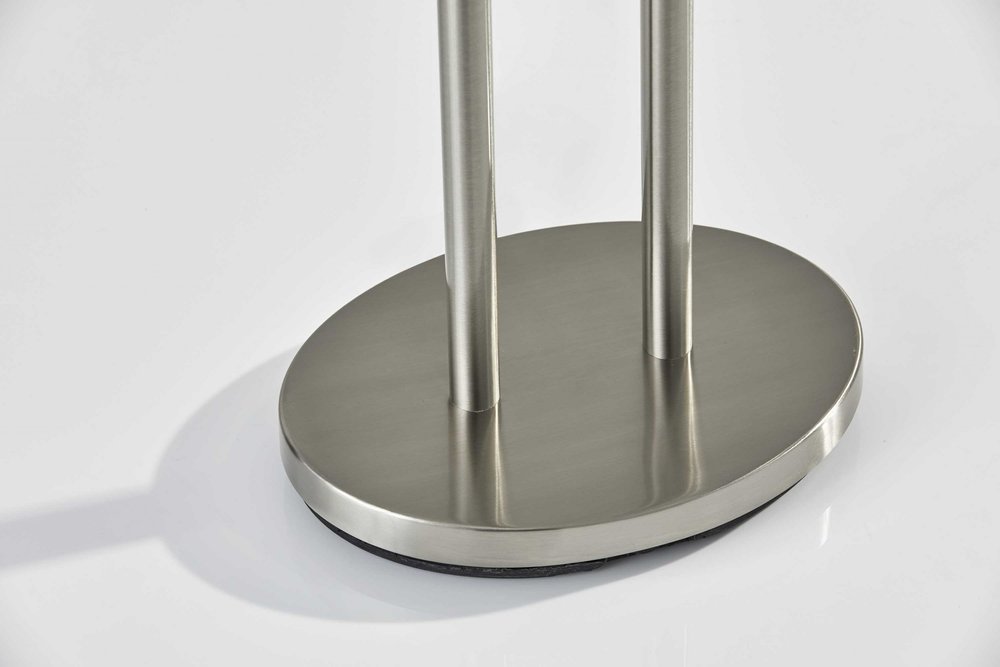 27" Silver Metal Two Light Bedside Lamp With Off White Drum Shade. Lamp isolated on a plain white background, showing a off-white metal surface.