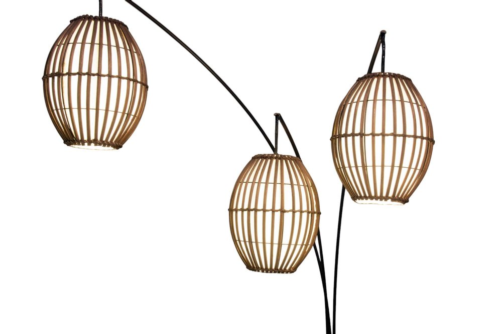 82" Bronze Three Light Tree Floor Lamp With Beige Wicker Cage Shade on a white background