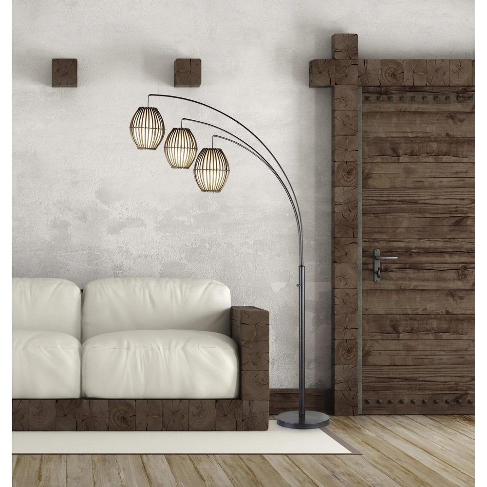 82" Bronze Three Light Tree Floor Lamp With Beige Wicker Cage Shade close-up detail
