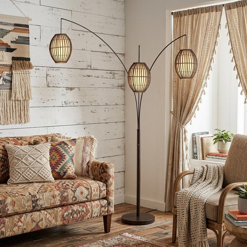 82" Bronze Three Light Tree Floor Lamp With Beige Wicker Cage Shade in a home interior